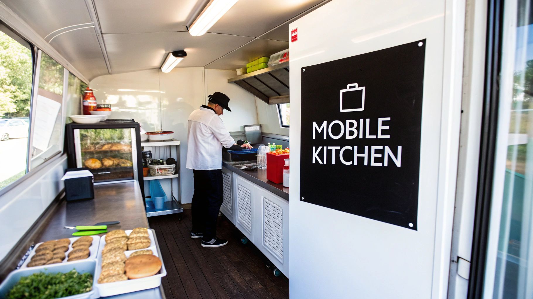 A chef prepares food inside a well-equipped mobile kitchen, with burger patties and greens on display.