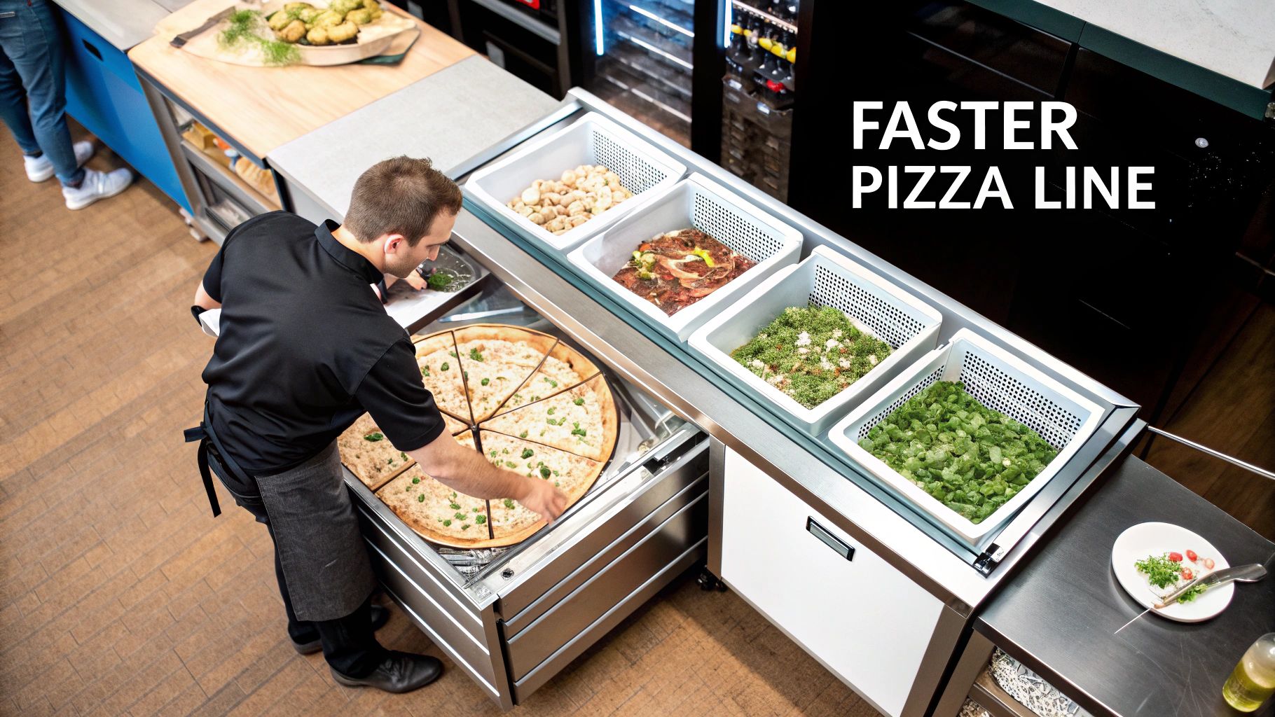 A chef preparing a pizza with ingredients from refrigerated drawers below the prep surface.