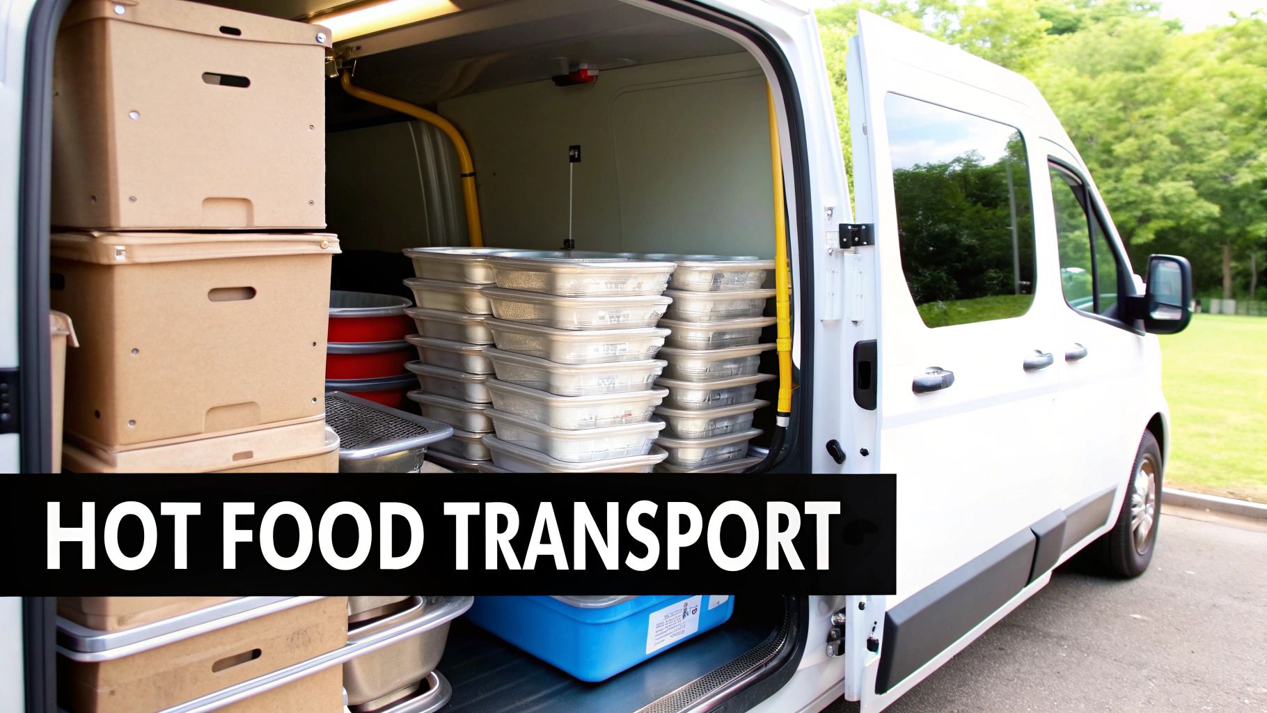A white catering van with its side door open, revealing stacks of hot food containers for transport.