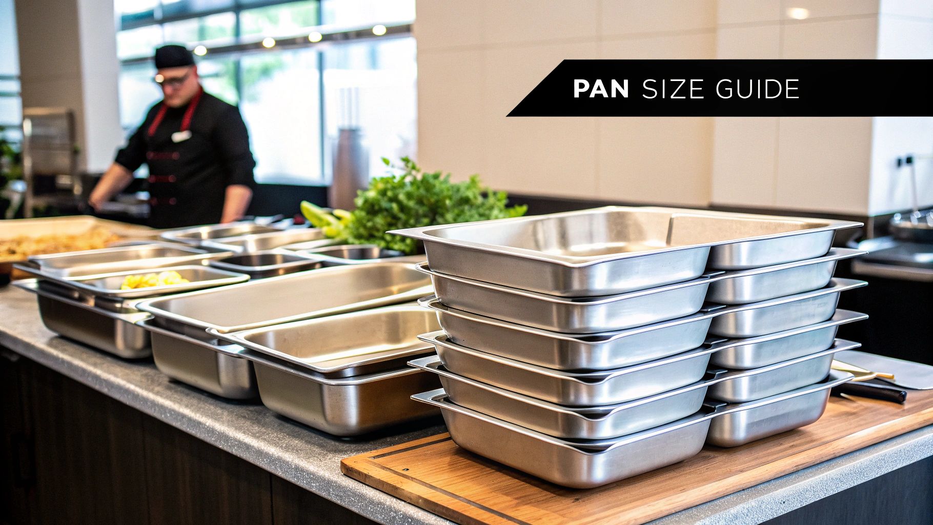 A collection of various sized hotel pans arranged neatly on a stainless steel kitchen counter, showcasing their different dimensions and depths.