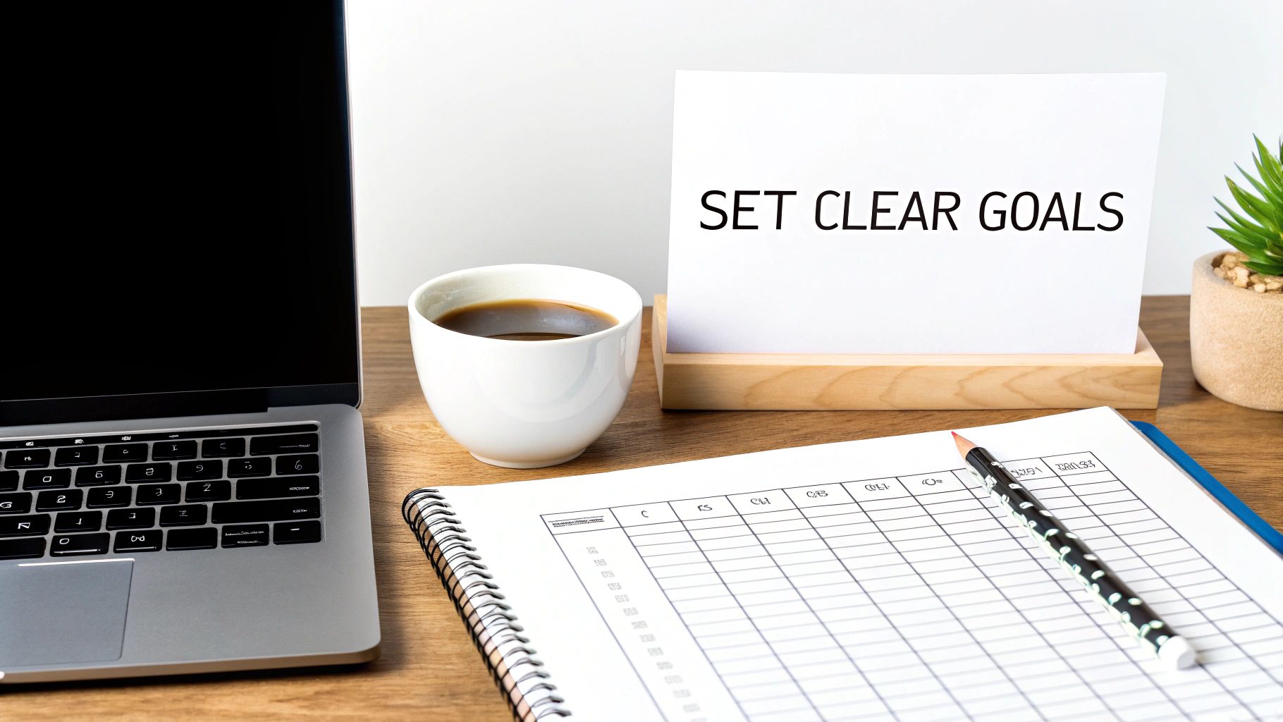 A desk setup with a laptop, coffee, notebook, and a 'SET CLEAR GOALS' sign.