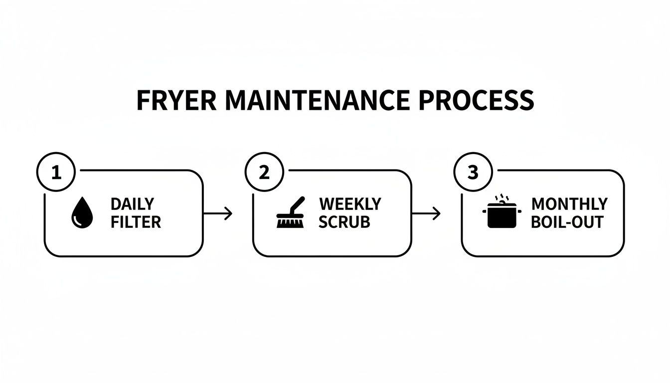 Infographic showing a three-step fryer maintenance process: daily filter, weekly scrub, and monthly boil-out.