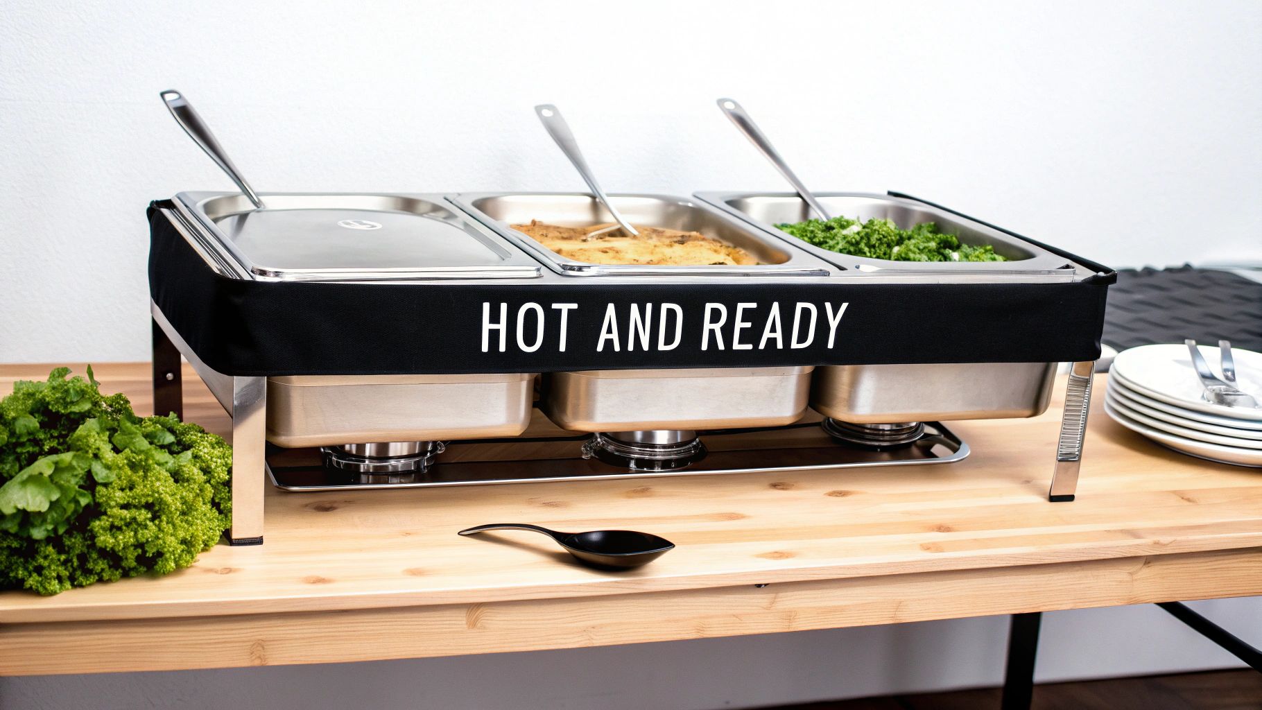 A stainless steel three-pan steam table with food, greens, and a 'HOT AND READY' banner.