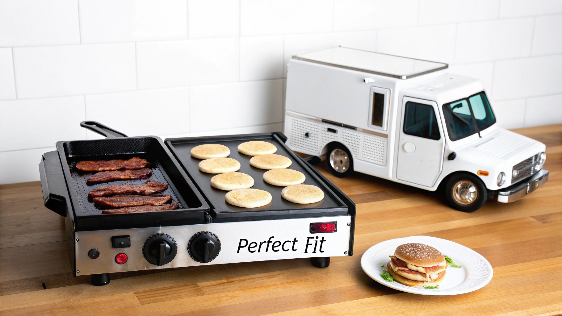 A commercial griddle cooking bacon and pancakes, with a breakfast sandwich and toy truck.