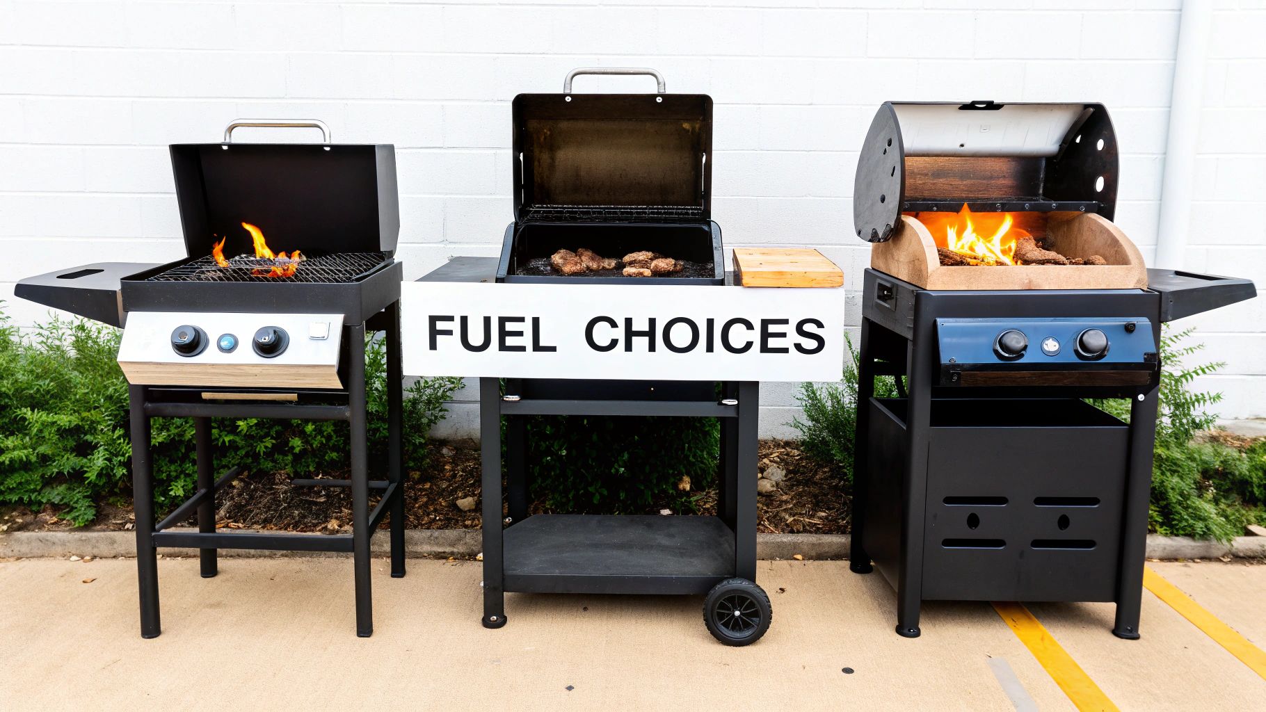 Three distinct grills, including gas, charcoal, and wood-fired, showcase various fuel choices for outdoor cooking.