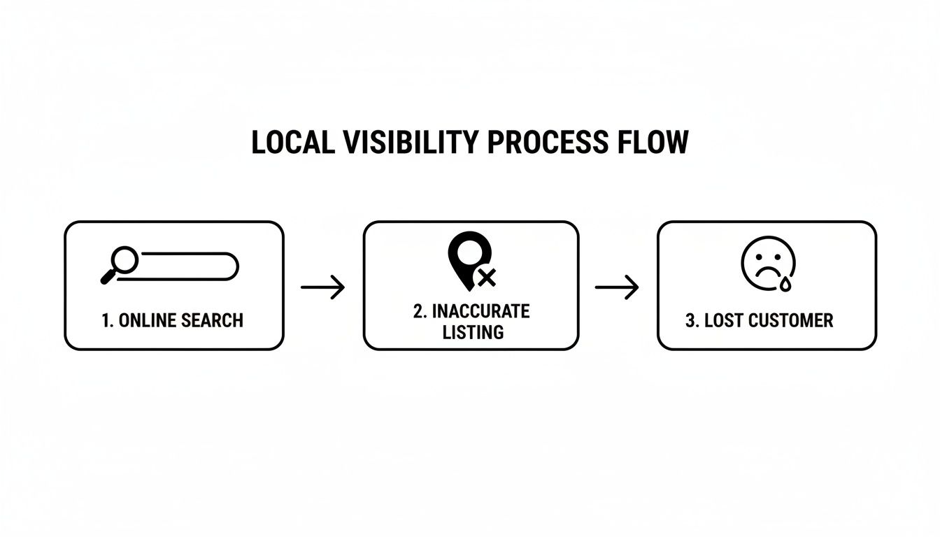 Flowchart illustrating the local visibility process: online search, inaccurate listing, and the consequence of a lost customer.