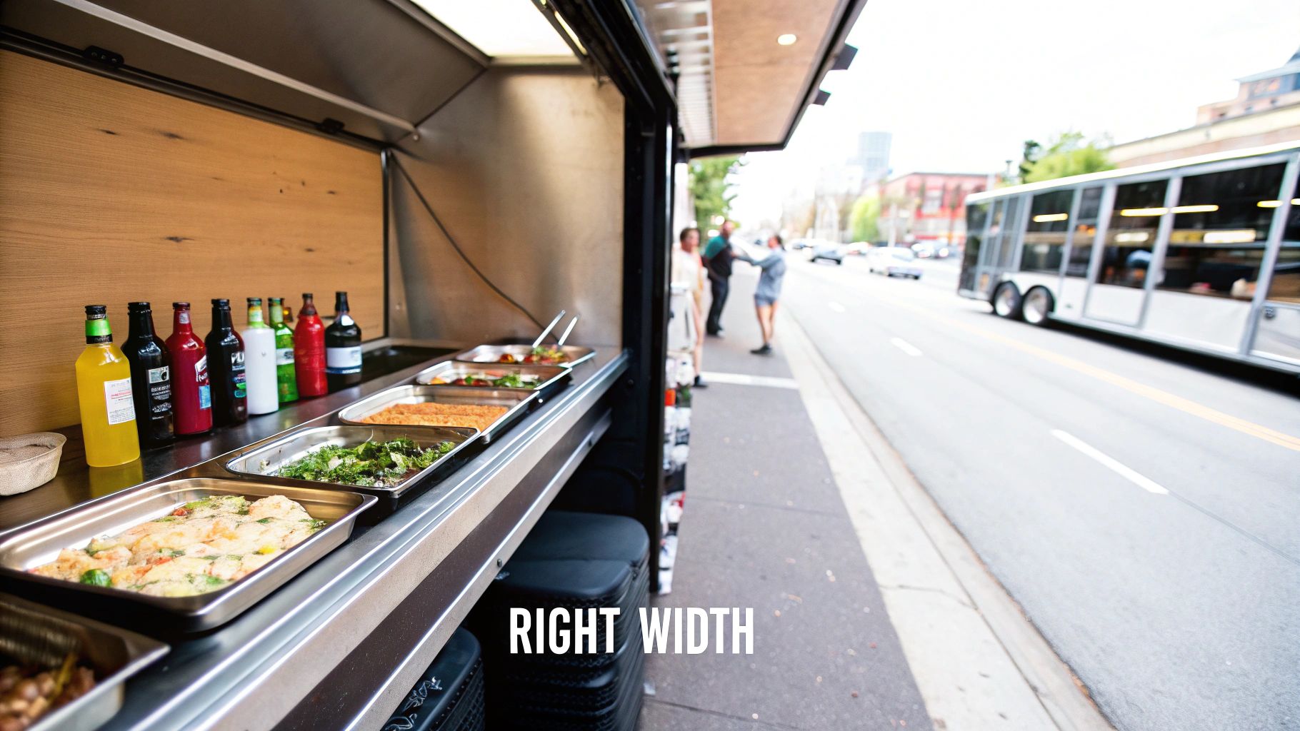 A food truck open on a city street, displaying a buffet of food and assorted bottled drinks.