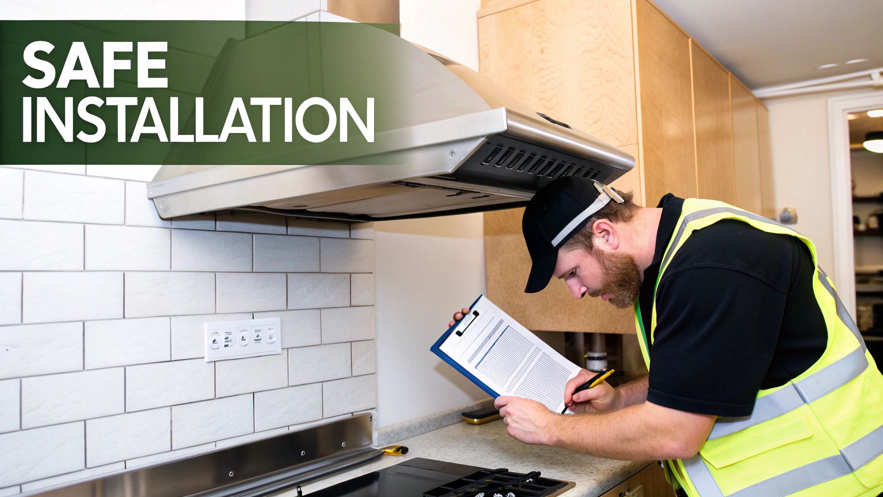 A man in a high-visibility vest inspects a stainless steel range hood and stovetop in a kitchen.