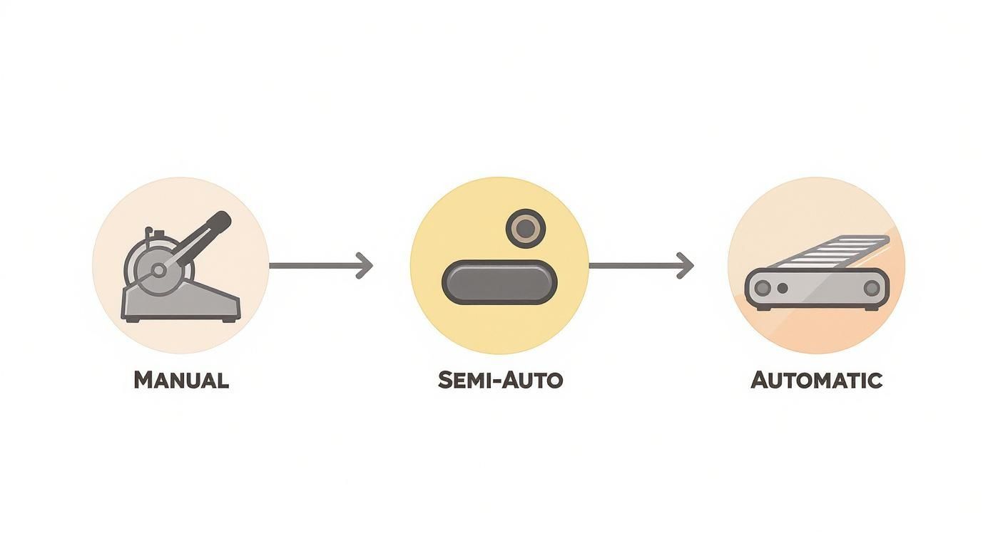 Infographic showing the progression from Manual to Semi-Automatic to Automatic industrial meat slicers with corresponding icons.