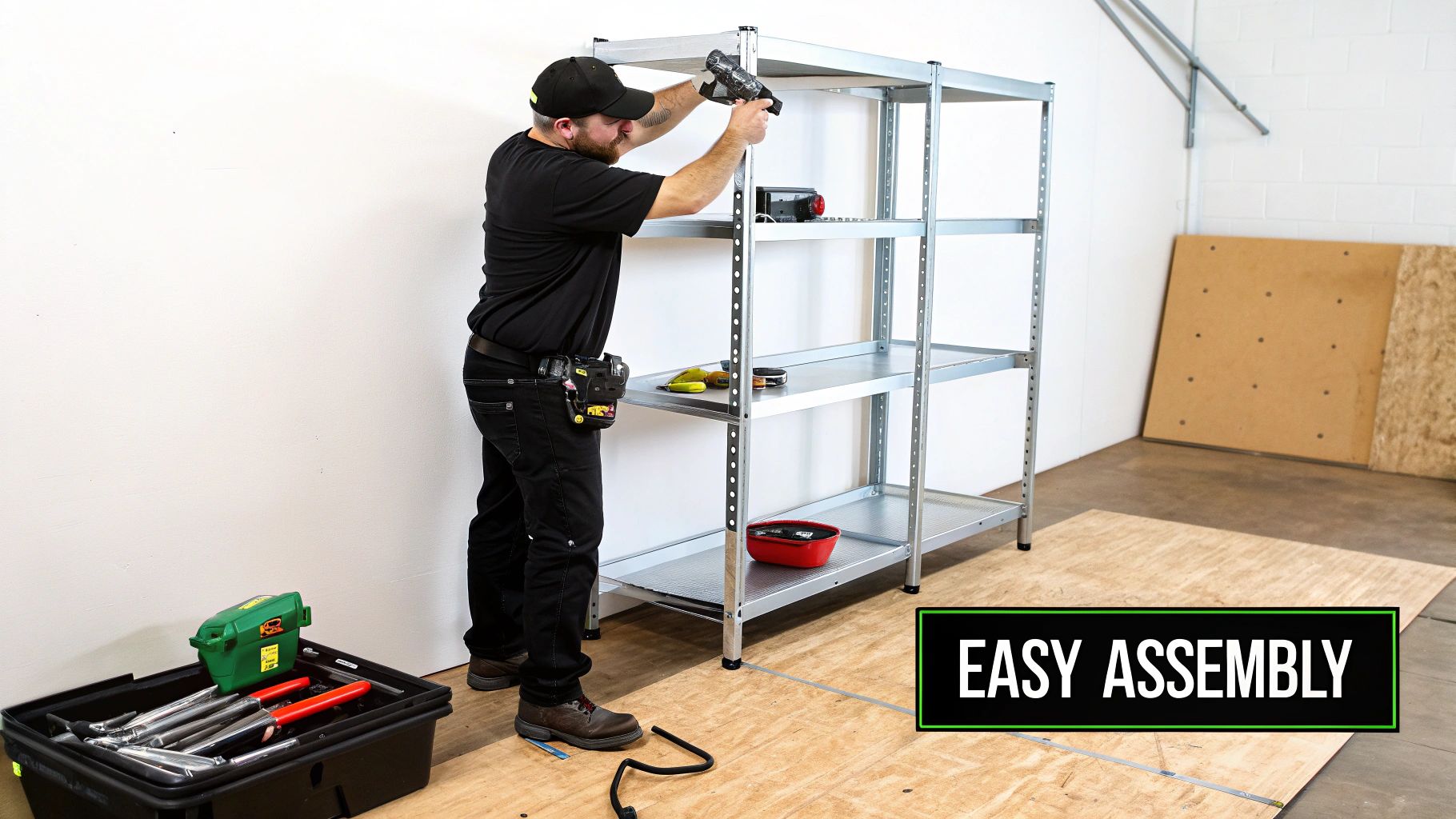 An NSF-certified stainless steel shelf unit in a clean, professional kitchen setting.