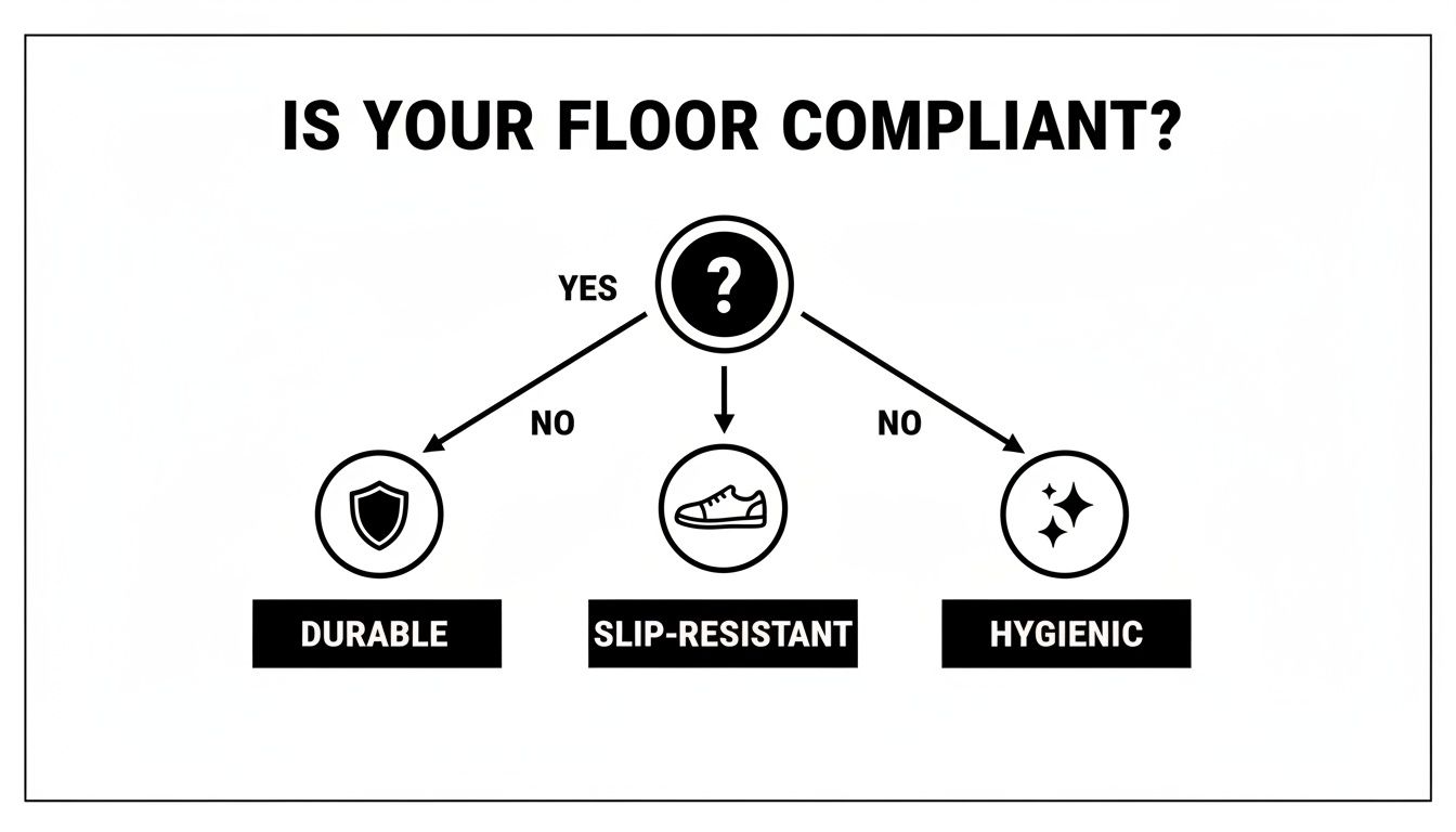 Flowchart diagram asking 'Is your floor compliant?' with branches for durable, slip-resistant, and hygienic floors.