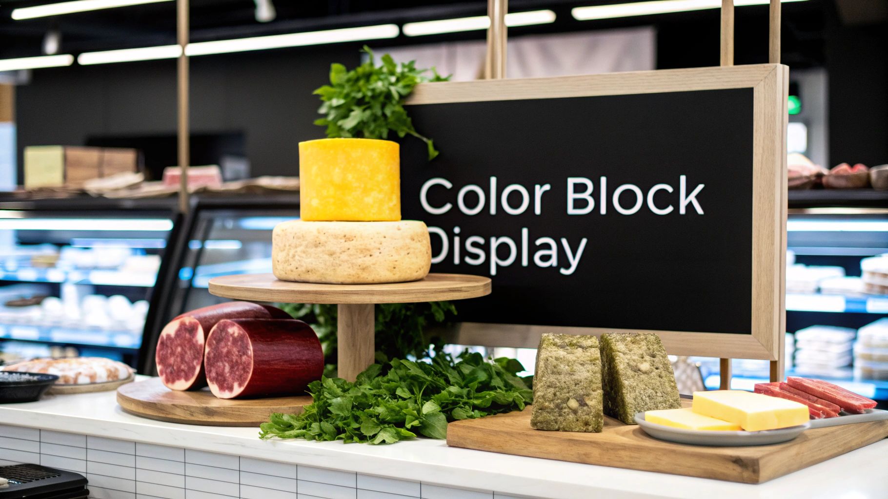 A vibrant deli counter display featuring various cheeses, cured meats, and fresh greens on wooden boards.