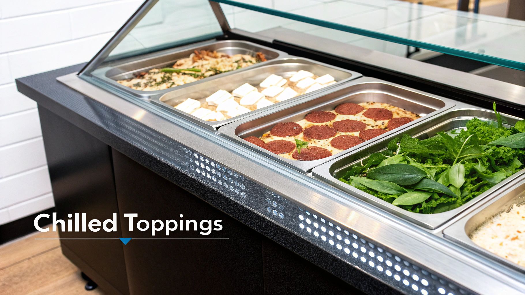 A commercial chilled food topping bar with stainless steel pans of pizza, cheese, and fresh greens.