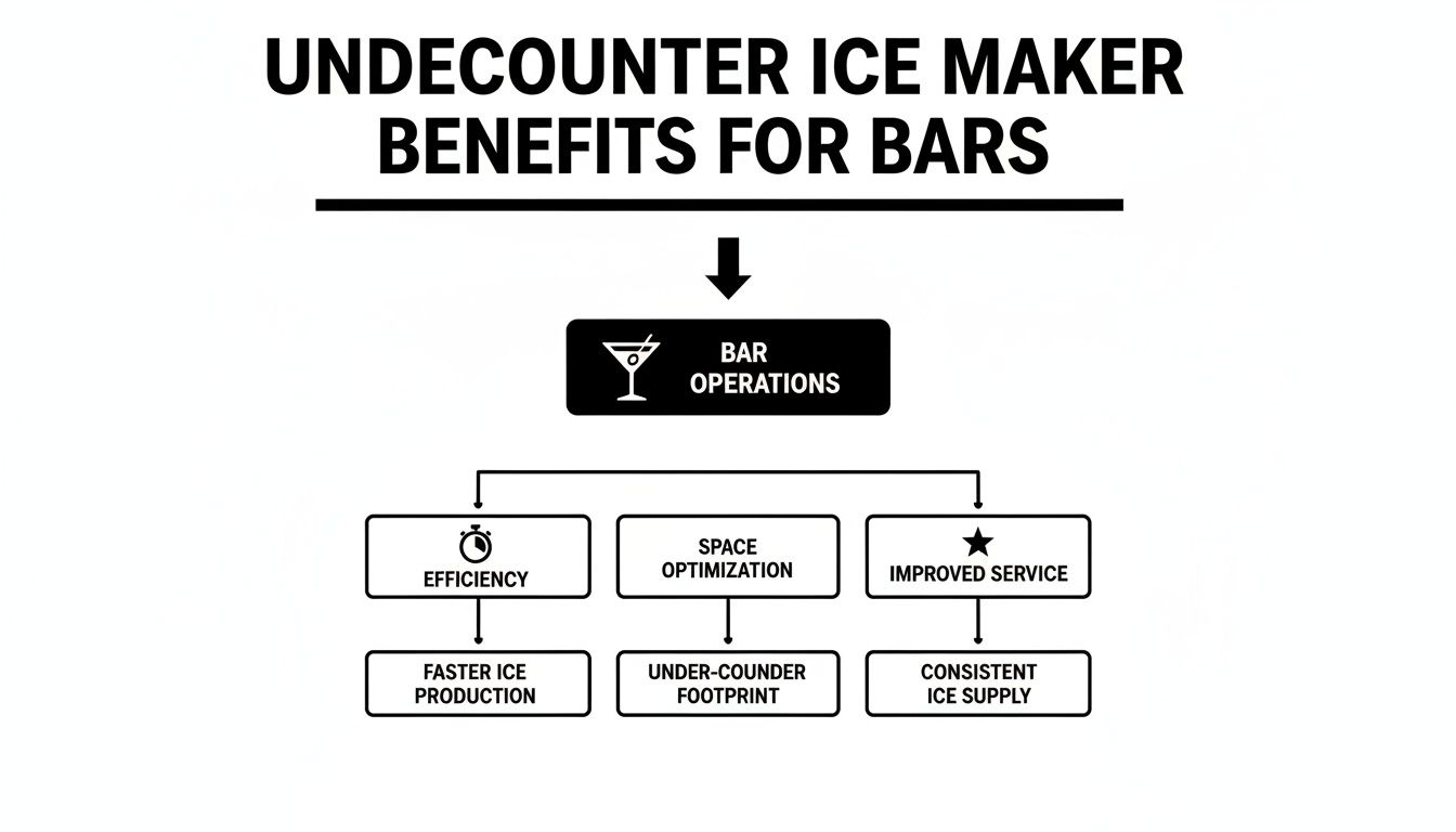 Flowchart illustrating undercounter ice maker benefits for bars: efficiency, space optimization, and improved service.