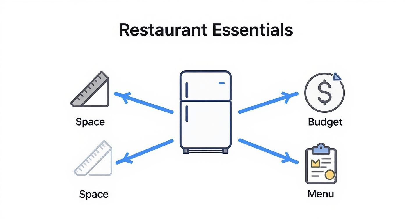 Diagram showing restaurant essentials: a refrigerator linked to space, budget, and menu planning.