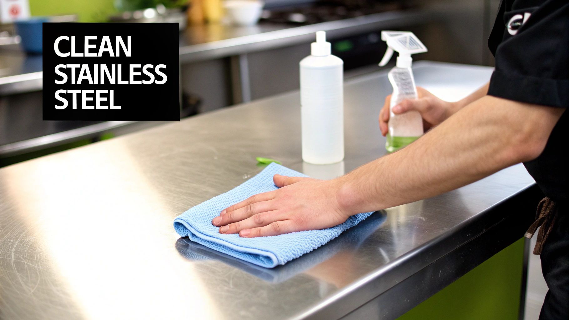 Hands cleaning a shiny stainless steel surface with a blue microfiber cloth and spray cleaner in a restaurant kitchen.