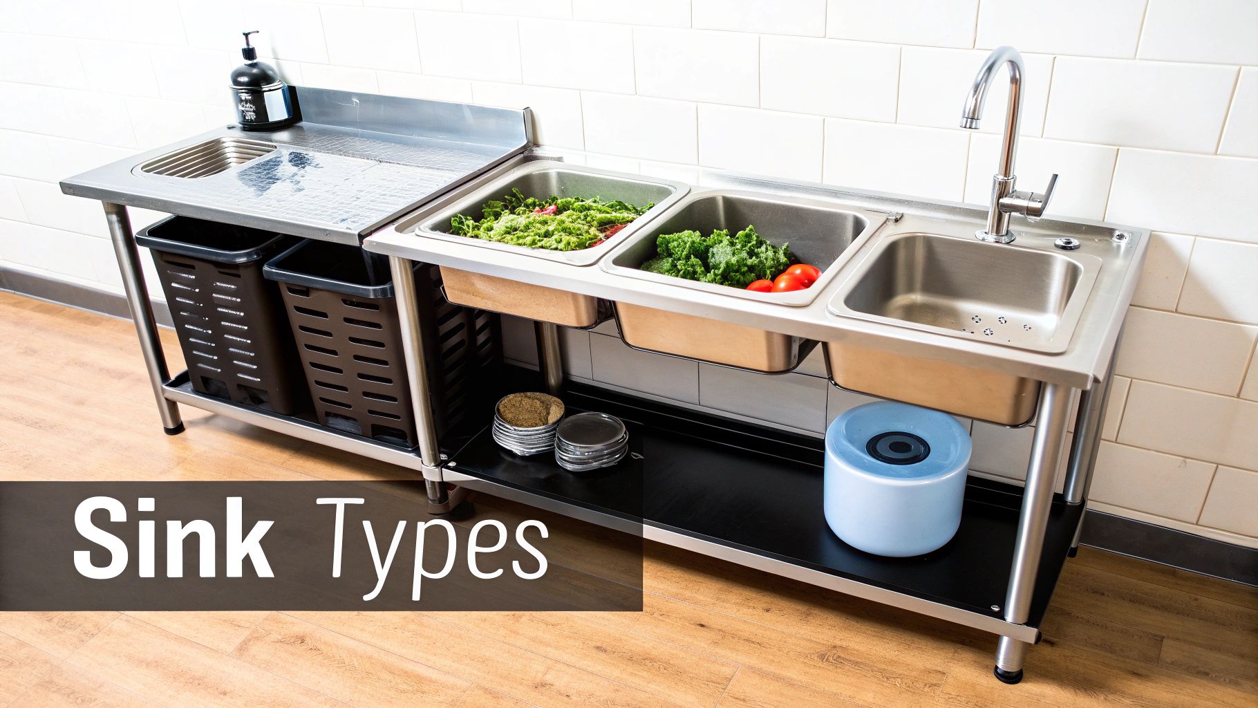 A multi-compartment stainless steel prep sink station with fresh vegetables, ideal for commercial kitchens.