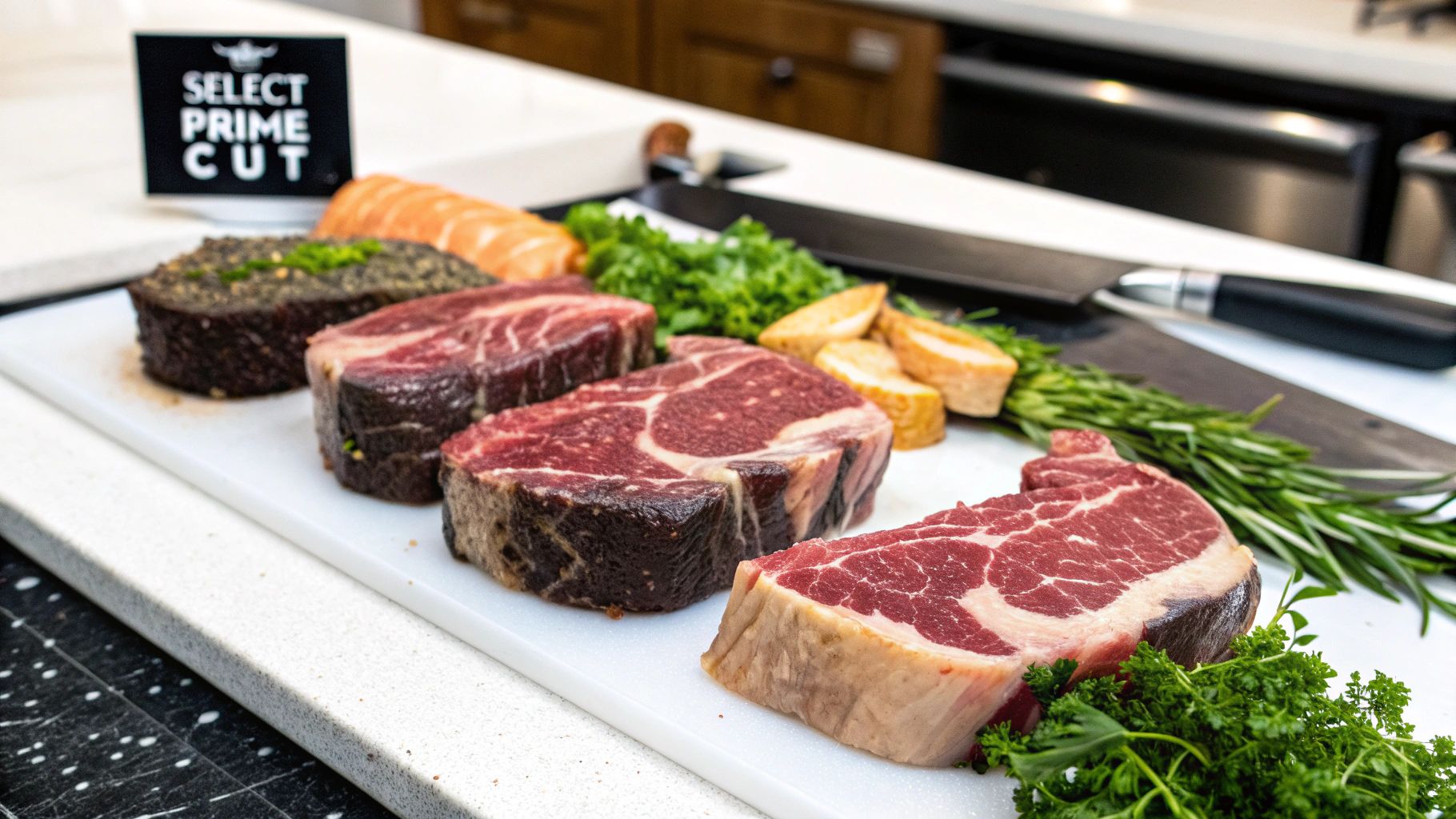 Close-up of a raw, well-marbled steak ready for grilling