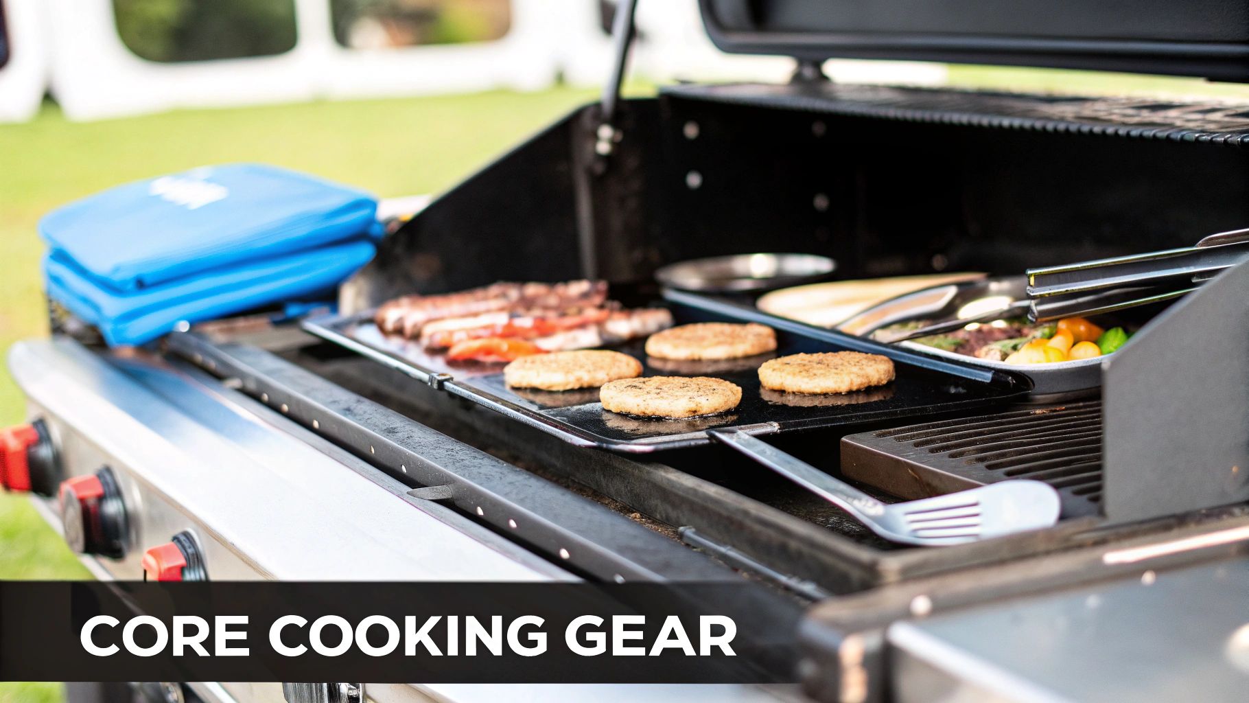 Close-up of a gas grill cooking sausages, burger patties, and vegetables outdoors.