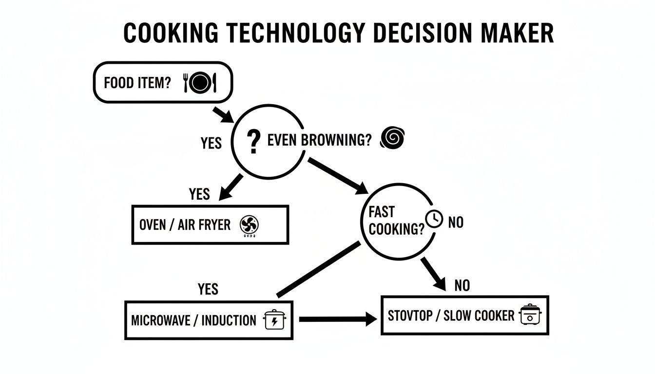 A cooking technology decision maker flowchart guides users to select appliances based on browning and cooking speed.