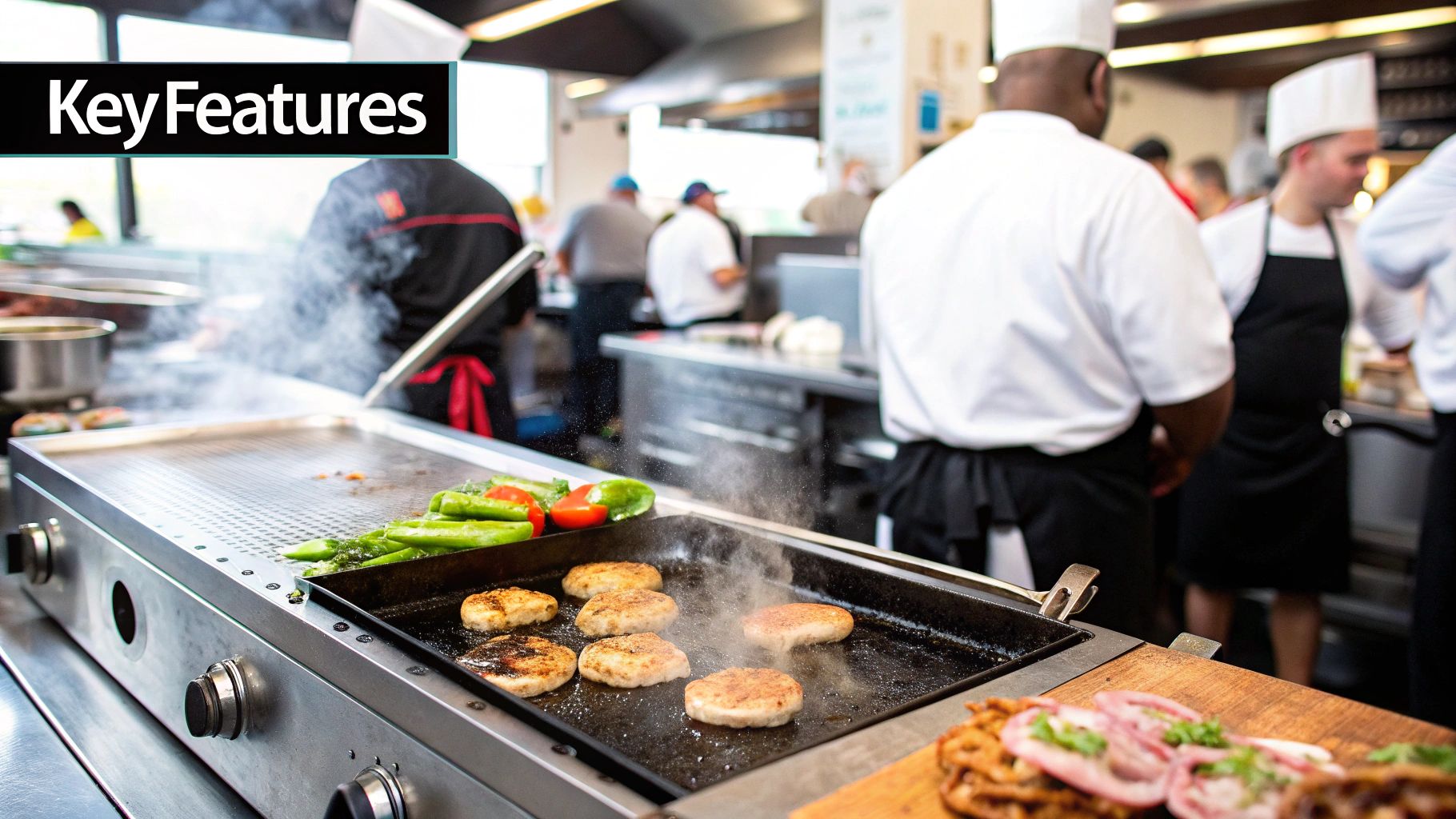 A chef cooking on a large stainless steel commercial griddle.