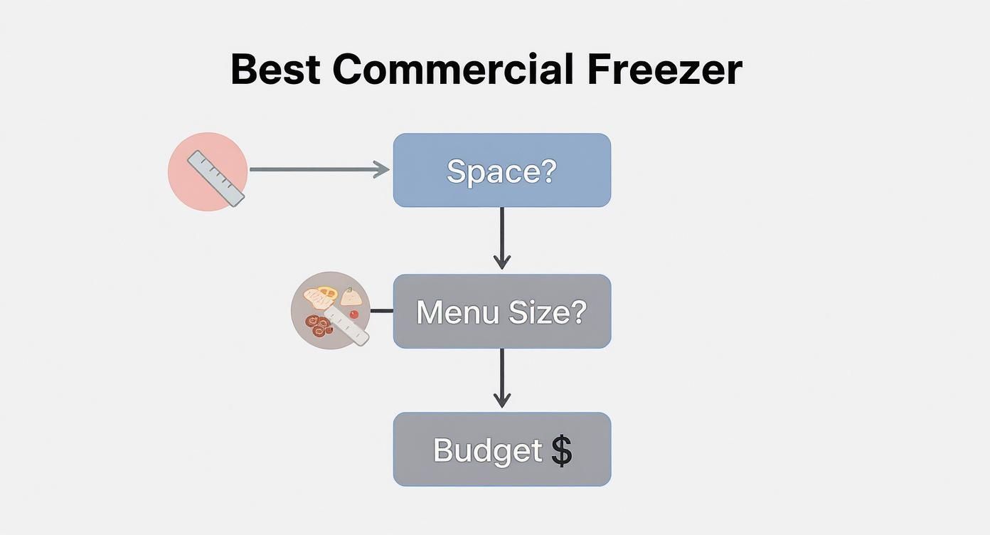A flowchart titled 'Best Commercial Freezer' outlining factors: Space, Menu Size, and Budget.