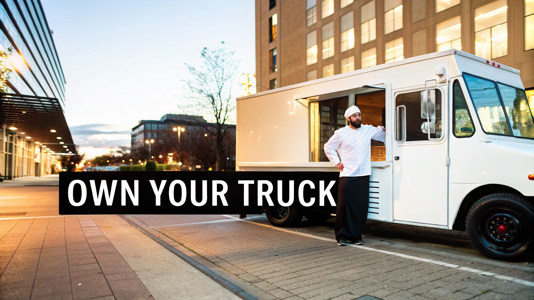 A chef inside a food truck preparing food with a focused expression.