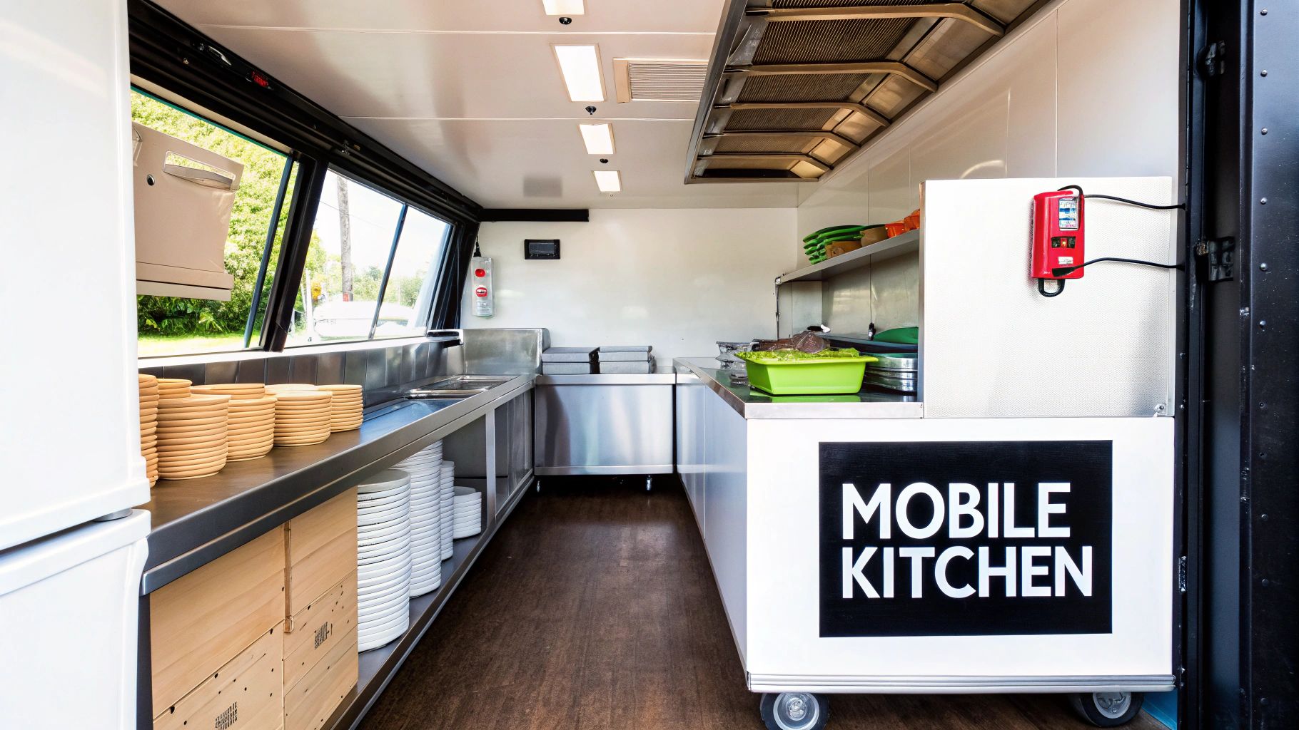 Interior view of a modern and clean mobile kitchen, featuring stainless steel counters, sinks, and stacked plates.
