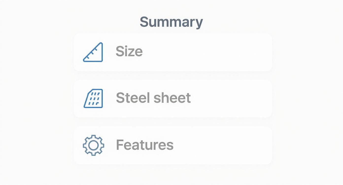 A clean mobile interface displaying a 'Summary' section with categorized options for 'Size', 'Steel sheet', and 'Features'.
