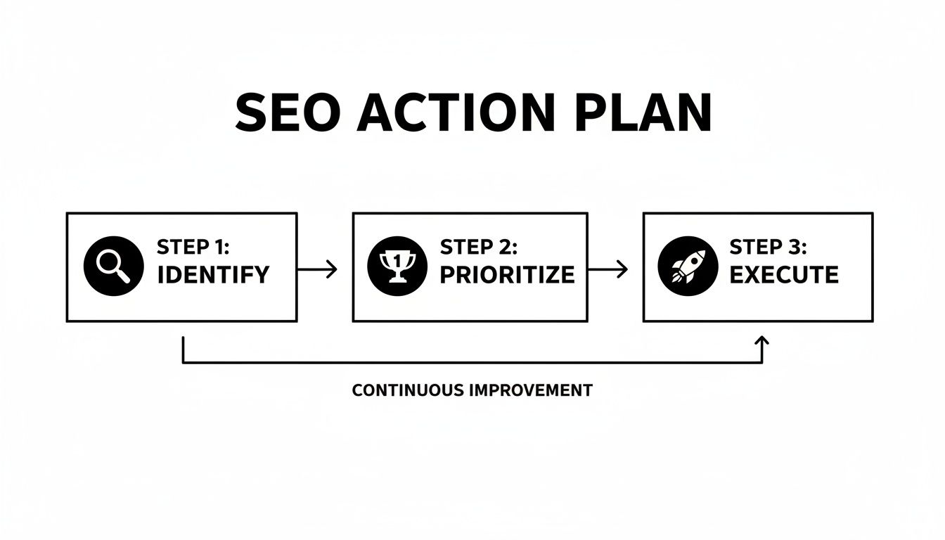 SEO Action Plan illustrating three steps: Identify, Prioritize, and Execute, emphasizing continuous improvement.