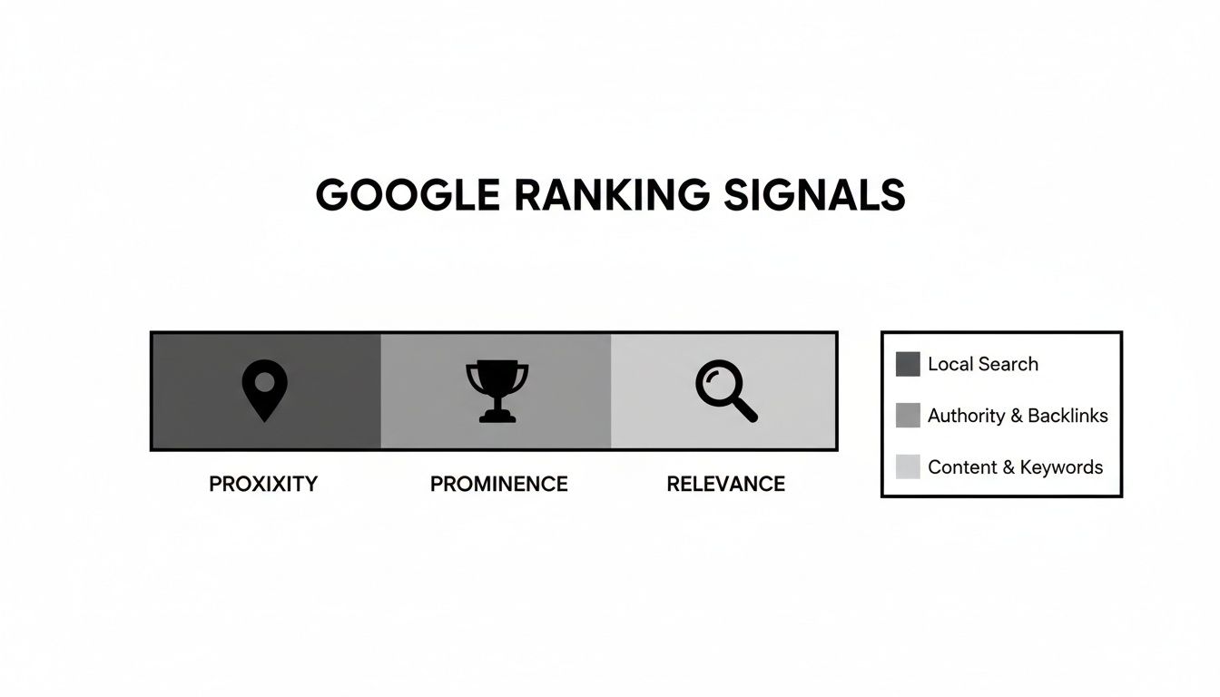 Infographic detailing Google ranking signals: Proximity (Local Search), Prominence (Authority & Backlinks), and Relevance (Content & Keywords).