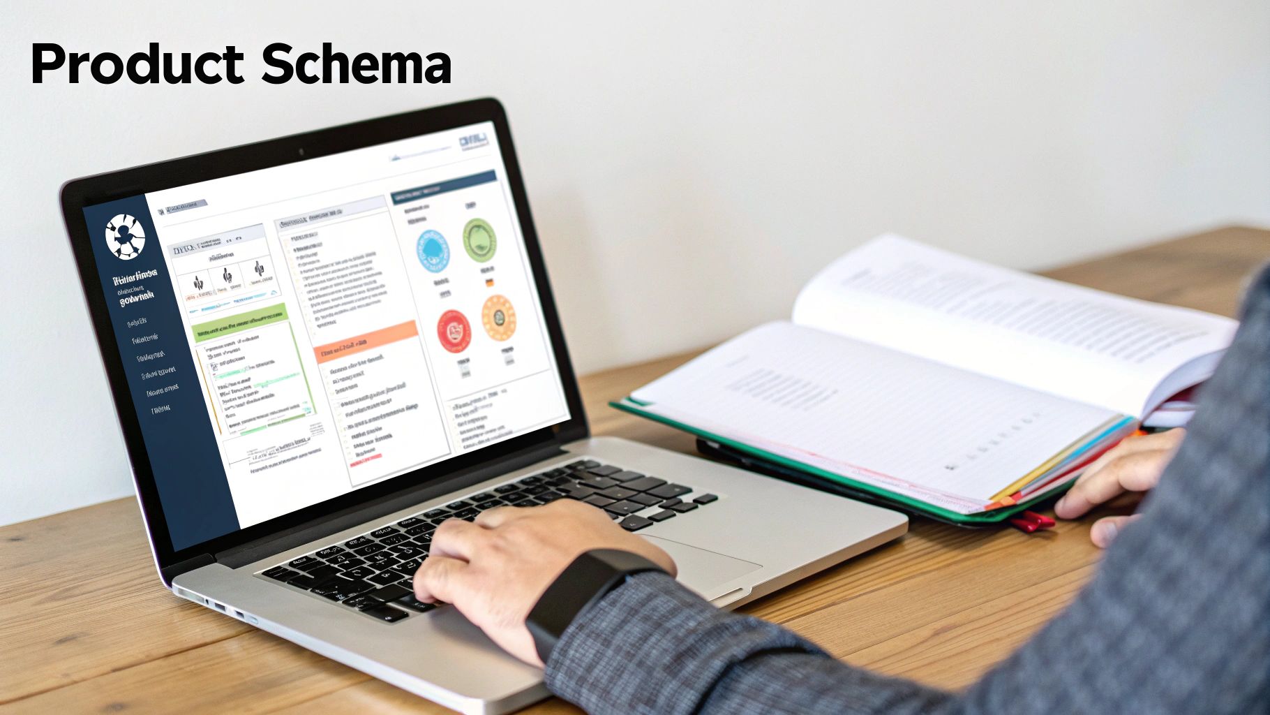 Person using a laptop showing a detailed 'Product Schema' interface, alongside an open notebook.