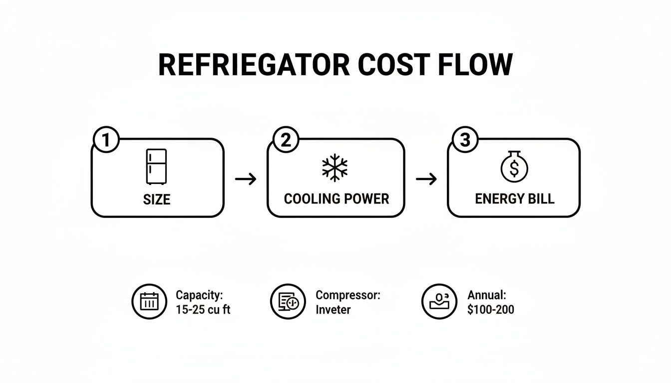 Flowchart illustrating refrigerator cost flow, from size and cooling power to annual energy bill.