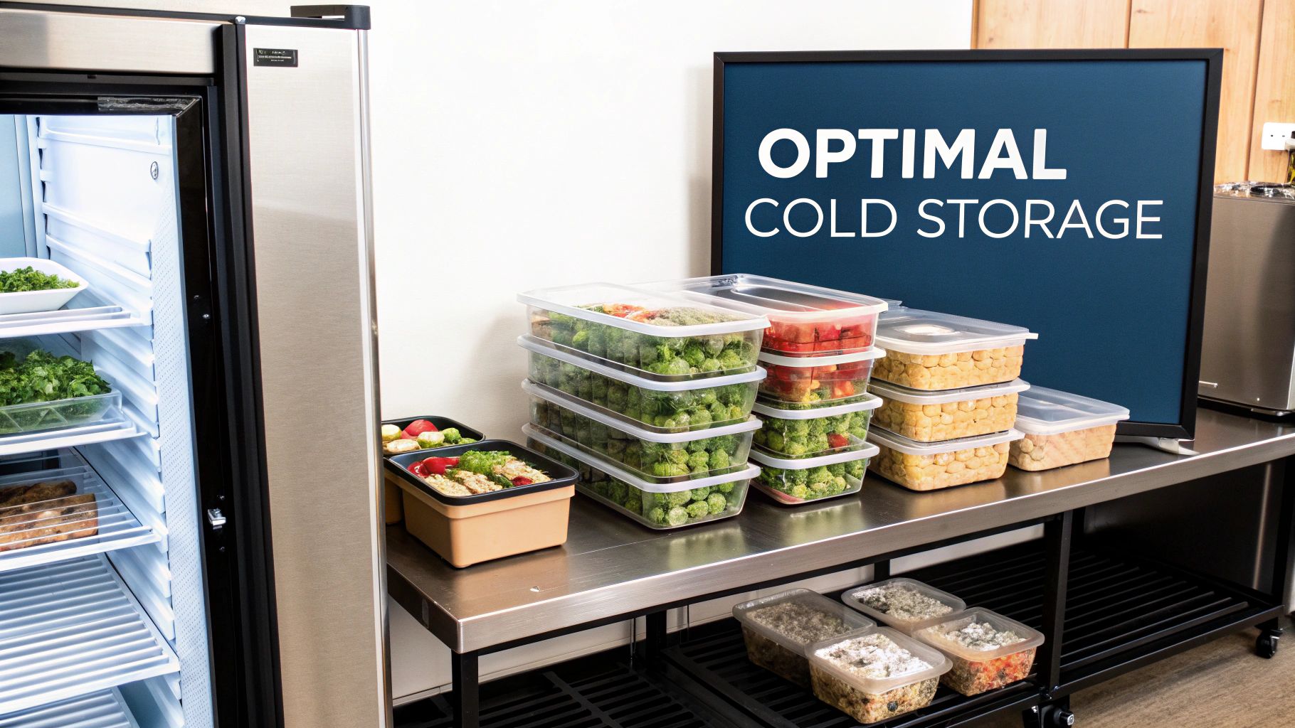 Refrigerator and stainless steel table with containers of prepped vegetables and meals for efficient storage.