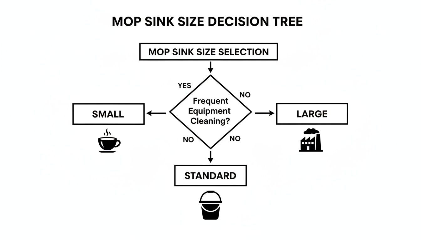 A Mop Sink Size Decision Tree flowchart guiding selection based on frequent equipment cleaning.