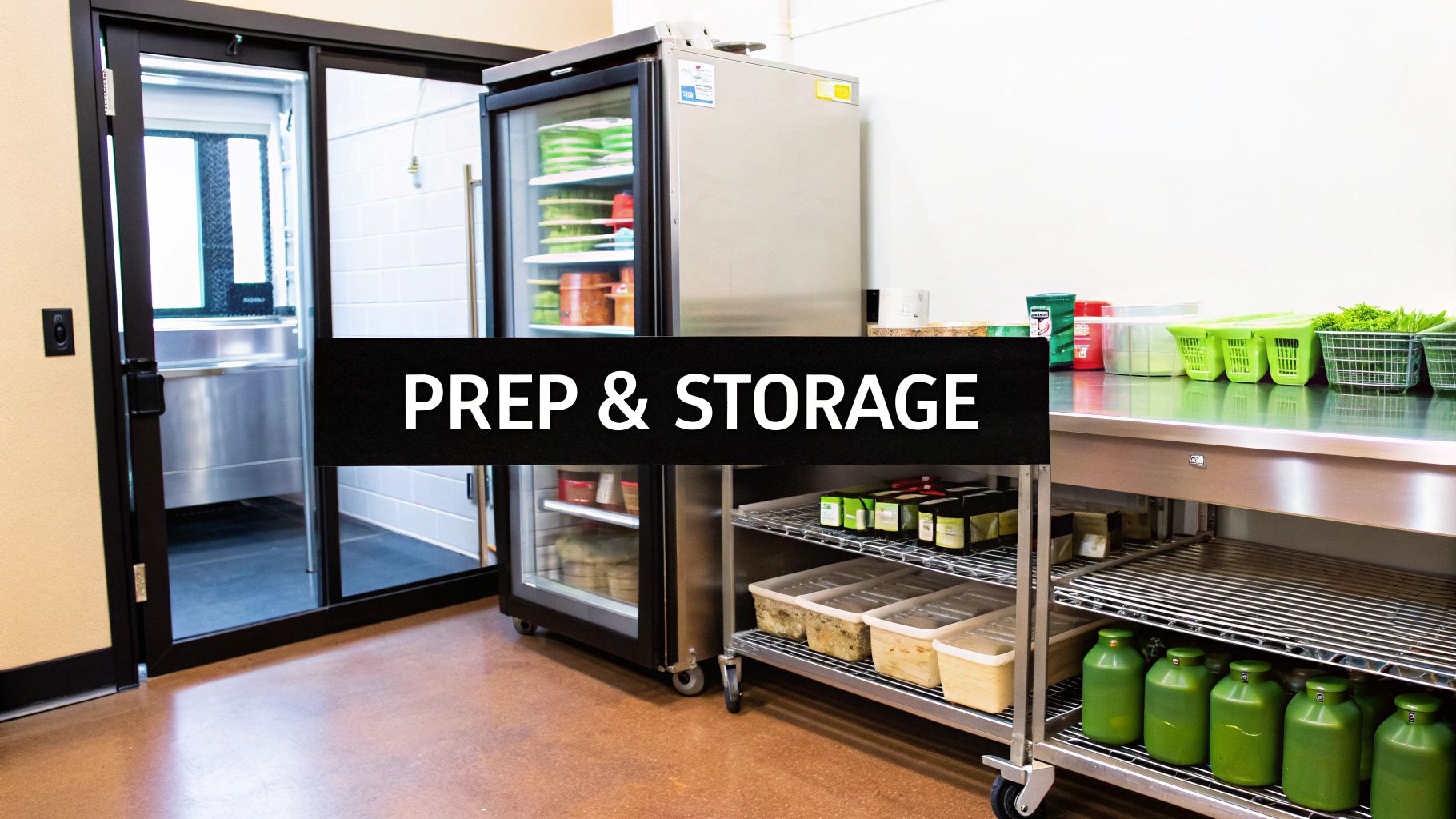 A commercial kitchen prep and storage area featuring stainless steel equipment, refrigerators, and organized food items.