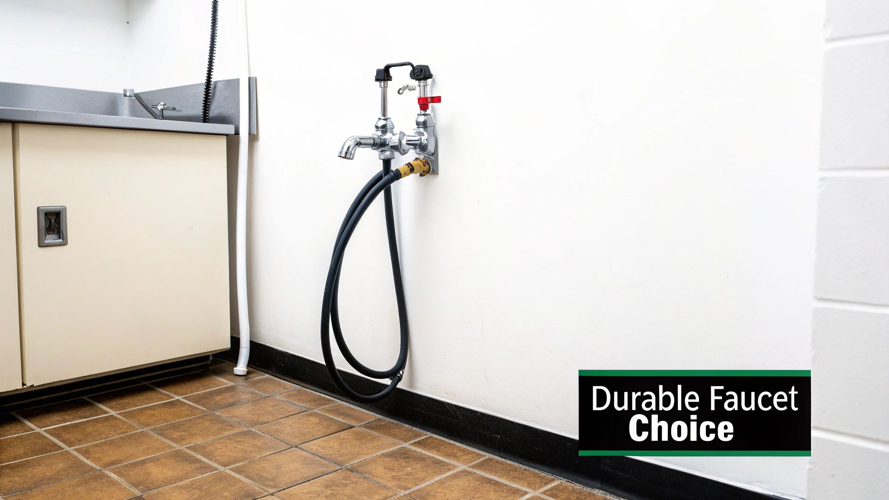 A durable wall-mounted chrome faucet with a black hose over a utility mop sink.