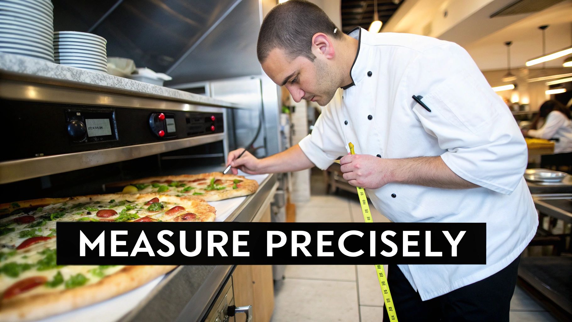 A person using a tape measure in a commercial kitchen space.