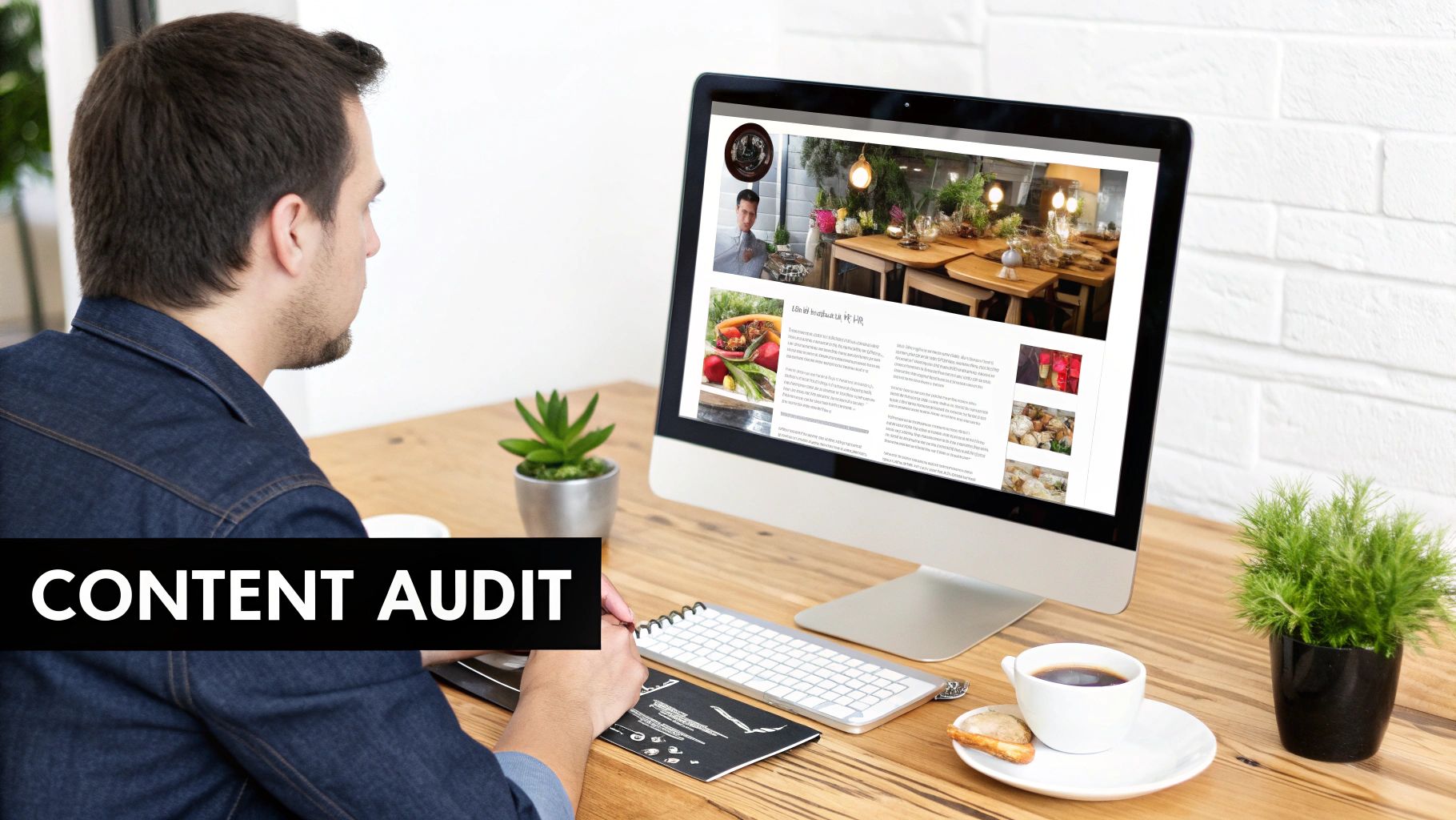 A restaurant owner looking at a tablet displaying a competitor's website, evaluating content like product videos and guides.