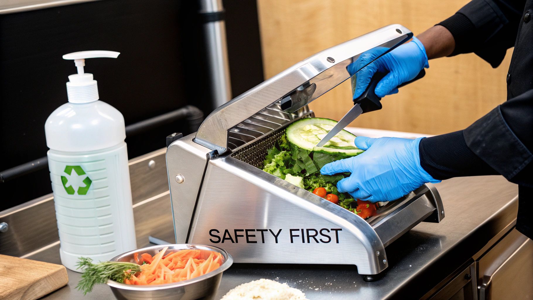 A person safely cleaning a commercial vegetable slicer with gloves on.