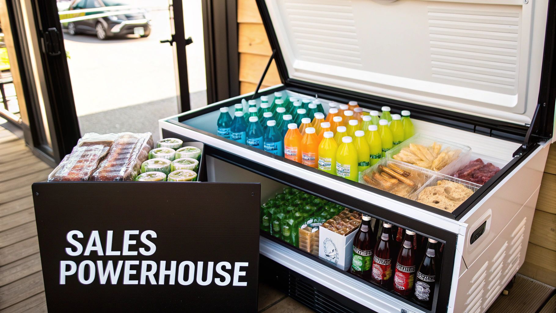 An open-top cooler filled with colorful drinks, packaged snacks, and food, next to a 'SALES POWERHOUSE' sign.
