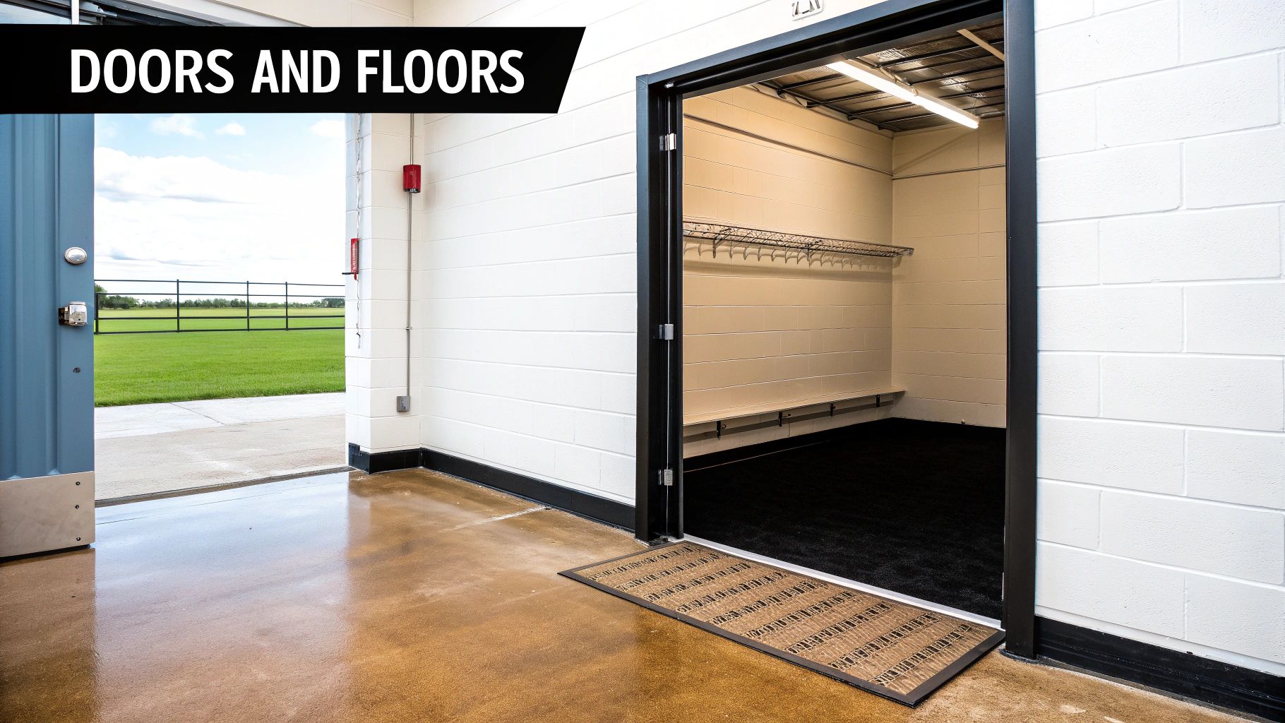 A well-lit interior of a walk-in cooler with organized shelving.