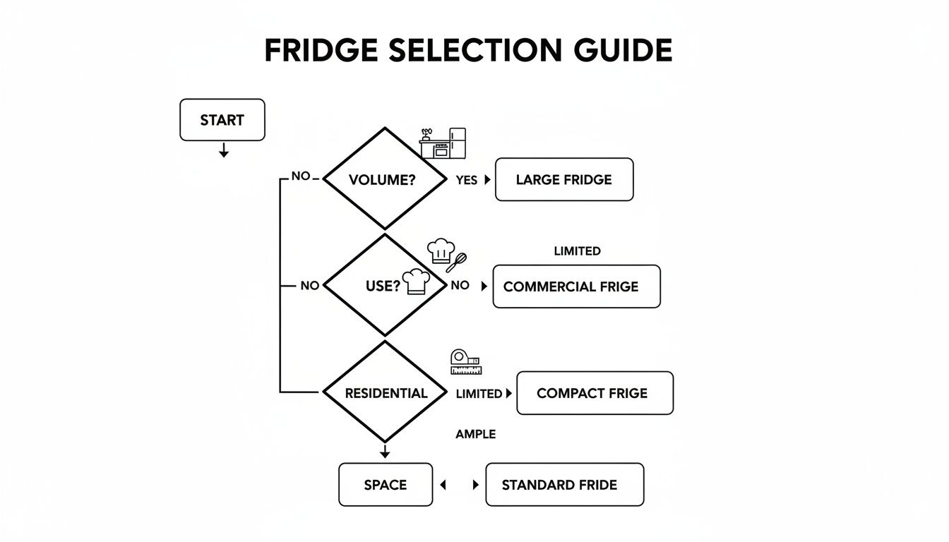 Flowchart guiding fridge selection based on volume, intended use (commercial/residential), and available space.