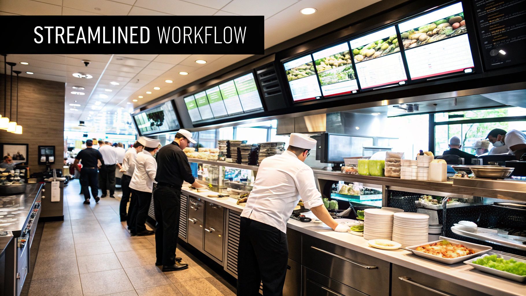A chef in a modern kitchen using a tablet to manage orders