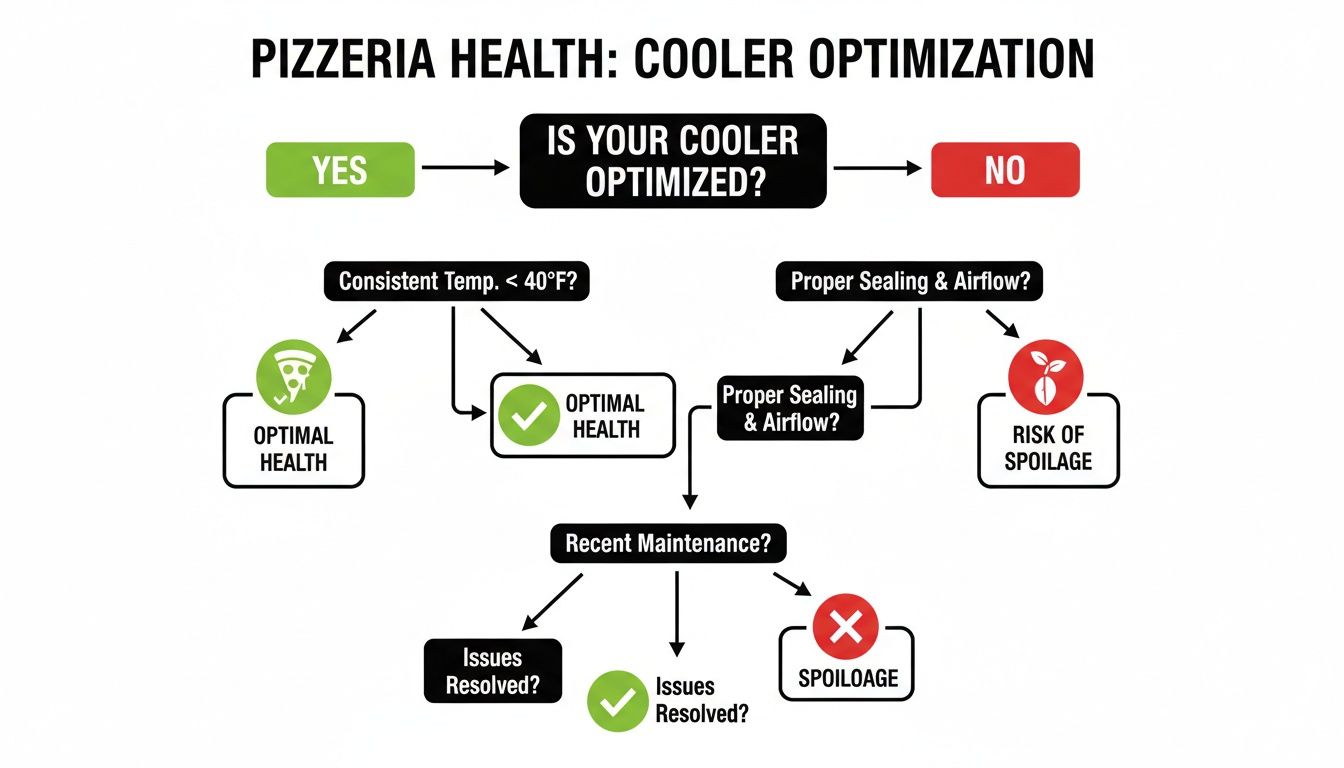 Flowchart for pizzeria cooler optimization, assessing temperature, sealing, airflow, and maintenance to ensure food safety.