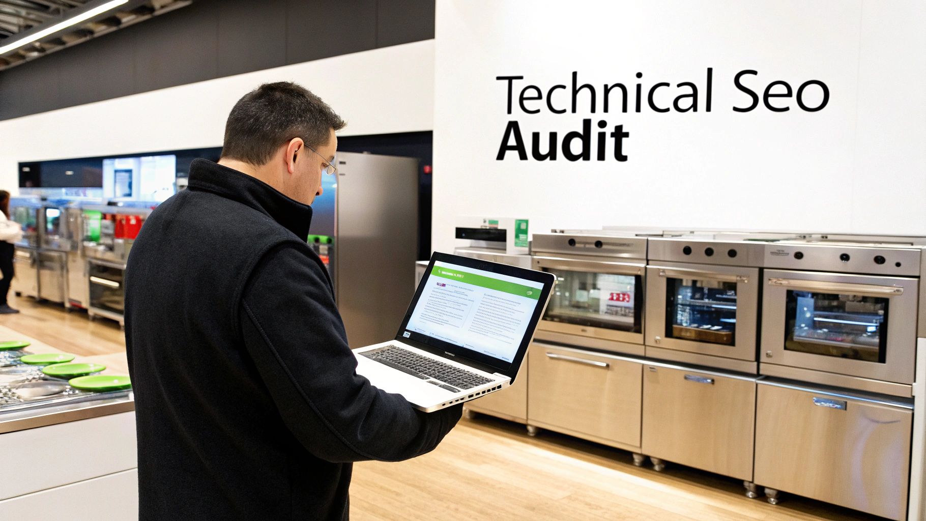 A man reviews a technical SEO audit on his laptop in a modern kitchen showroom.