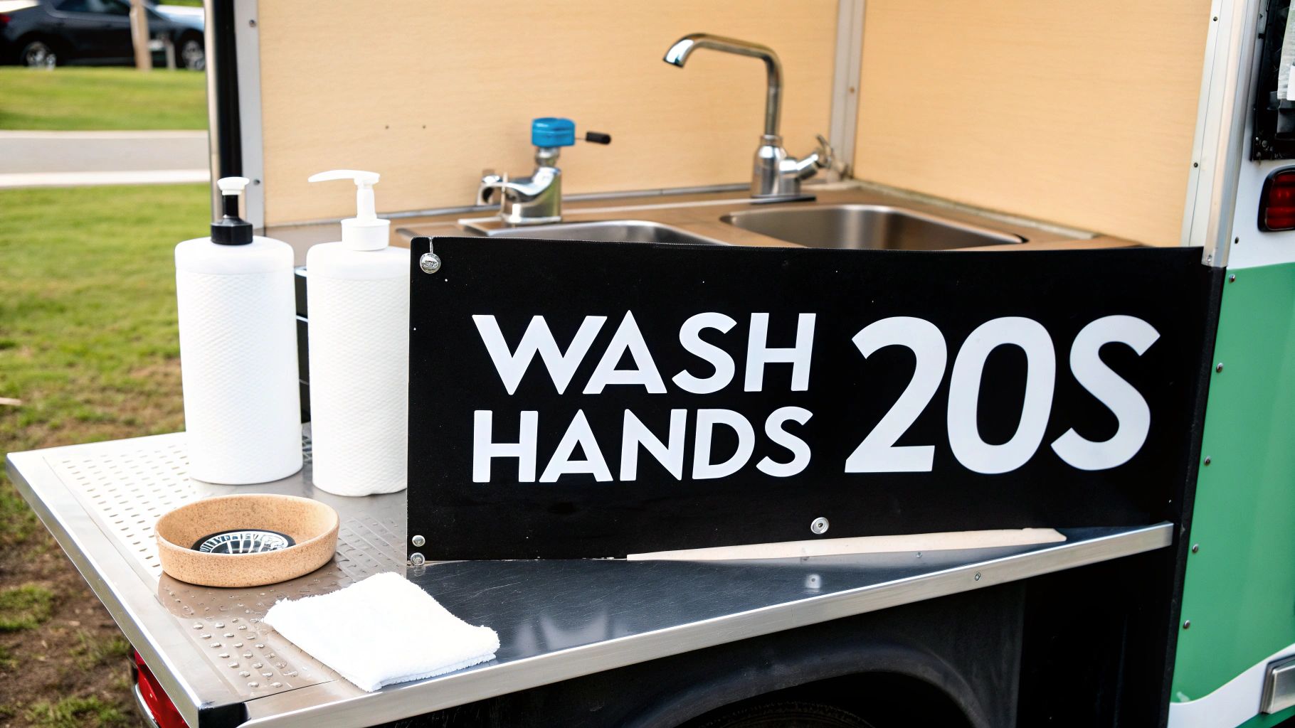 A mobile handwashing station with two sinks, soap bottles, and a 'WASH HANDS 20S' sign.