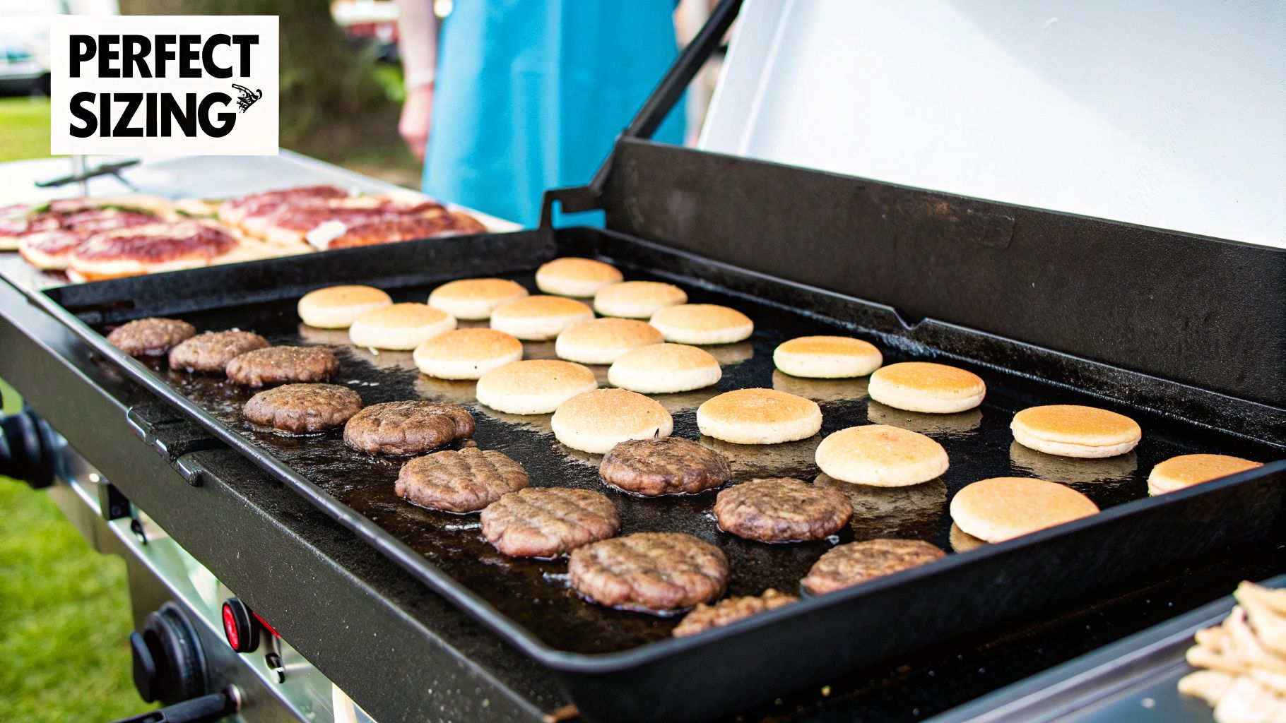 A chef uses a spatula on a large, multi-zone commercial griddle, cooking various items.