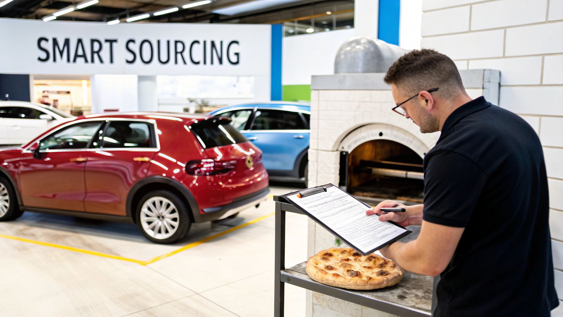 A person inspecting a stainless steel pizza prep table in a commercial kitchen setting.