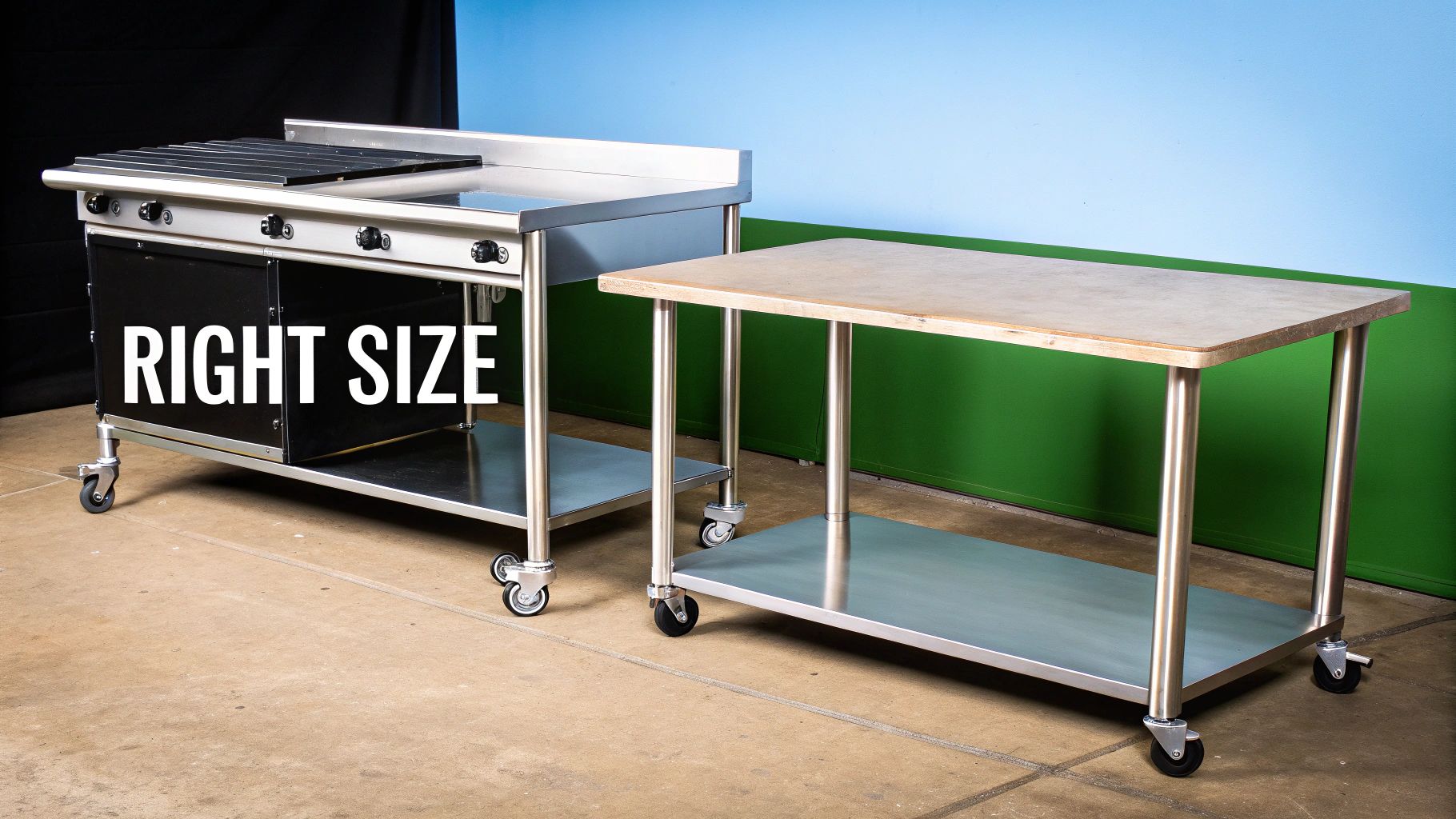 Two stainless steel kitchen work tables with lower shelves, both on casters.